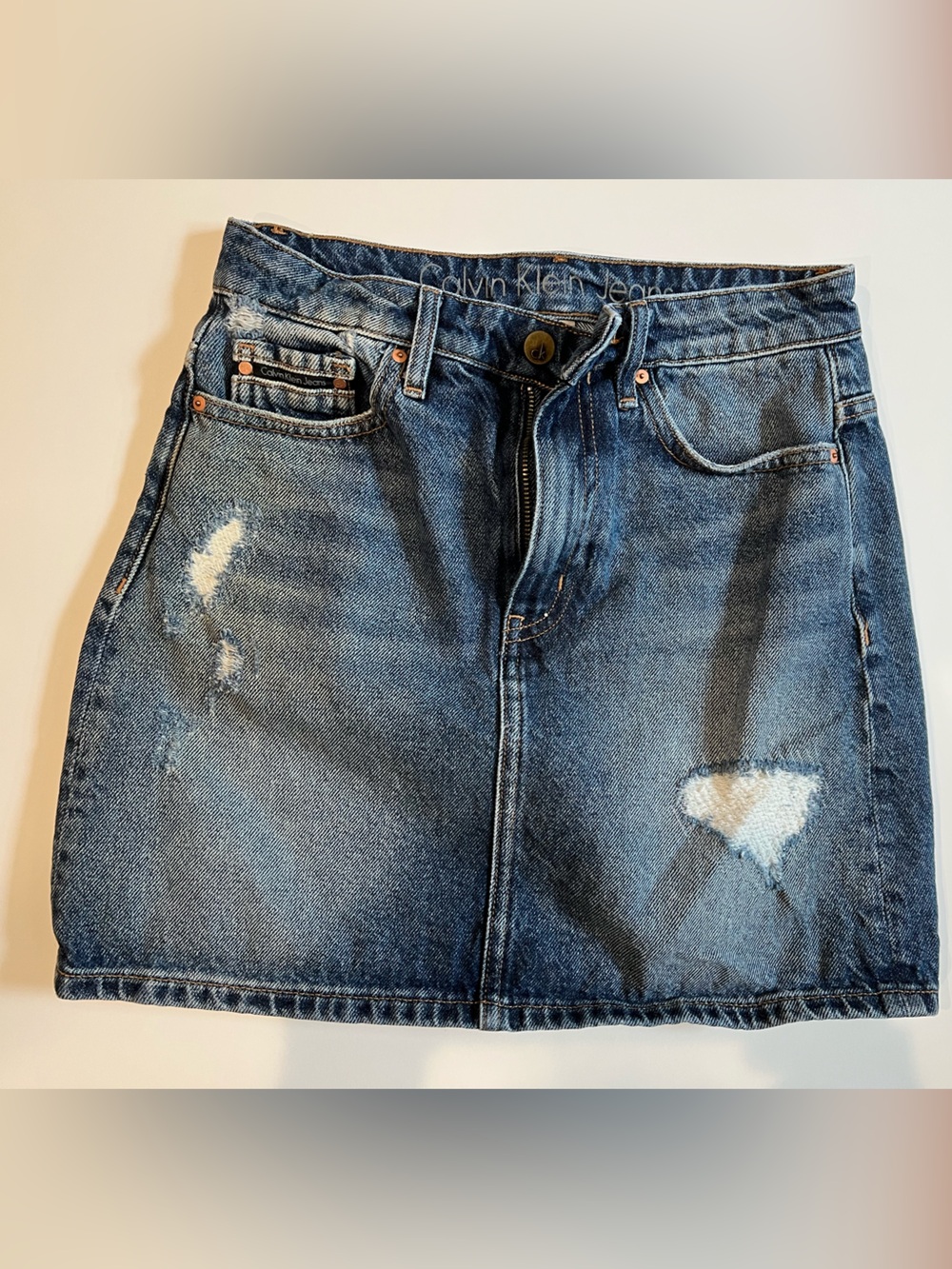 Calvin Klein Blue Distressed Denim Mini Skirt